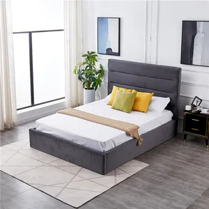 Simple tufted design headboard double king full sizes Gray velvet fabric soft gas lift storage bed with wood slat