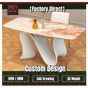 Table rectangulaire en marbre de luxe moderne GOLDKING pour salle à manger, plateau veiné rose, base blanche sculptée, fabrication sur mesure, directement de l'usine - Product Image 1