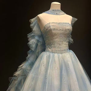 Nt21 Light Blue Chiffon Appliques Beaded Strapless Quinceanera Maxi Ball Gown Dress for 15 Year Old for - Product Image 6