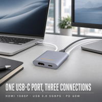 Adaptateur Hub 3-en-1 en Aluminium pour Ordinateur Portable et MacBook, Convertisseur Multiport HDMI USB-C vers 1080P avec Charge PD 60W et Vidéo