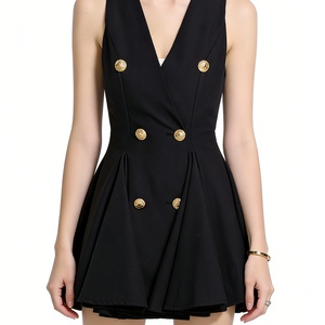 เดรสสั้นแขนกุดติดกระดุมสองแถวสำหรับผู้หญิง - ชุดเดรสออกงานคาดเข็มขัดกระดุมสีทองแฟชั่น - Product Image 2