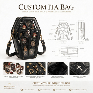 Custom Coffin Silhouette Black Ita <b>Bag</b> Gothic PU Crossbody <b>Bag</b> <b>Clear</b> Transparent Window Pin Badge Display Fashion Handbag - Product Image 1