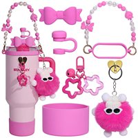 Lot de 6 accessoires modernes et simples pour tasses : crochet à pompon, motif craquelé, nœud papillon 16 cm, chaîne pour paille, capuchon de paille en forme de cœur, couvercle de tasse en silicone, ensemble de chaînes florales