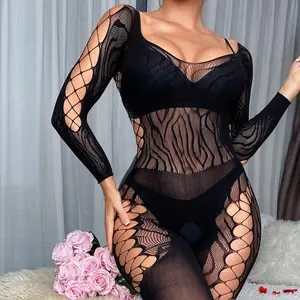 Pakaian tidur wanita erotis seksi Bodysuit Hollow Out ketat Pantyhose tanpa tali sutra hitam