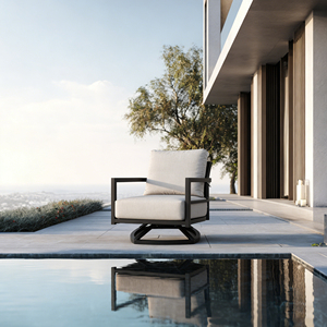 Fauteuil de salon pivotant moderne pour l'extérieur, entièrement soudé - Cadre en aluminium de qualité supérieure, tissu confortable, dossier ergonomique, base en forme de bateau - Product Image 2