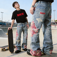 YSJY Fabricant OEM Jeans personnalisés avec broderie, patch vintage, délavé, décontracté, taille haute, streetwear, pantalon en denim évasé pour hommes