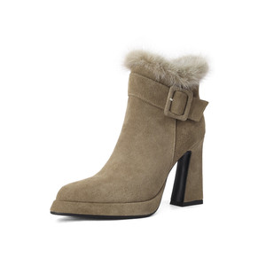 Bottines en <span class=keywords><strong>daim</strong></span> <span class=keywords><strong>taupe</strong></span> pour femmes, avec garniture en fourrure, sangle à boucle, talon bloc, plateforme, bottes habillées d'hiver - Product Image 1