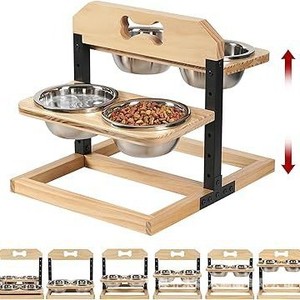 Soporte de madera para comedero de mascotas, elevado, para perros y gatos, con tazones de acero inoxidable, altura ajustable, comedero para perros - Product Image 5