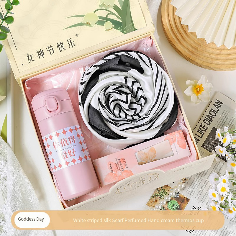 SKU-01 White striped scarf + thermos cup + hand cream