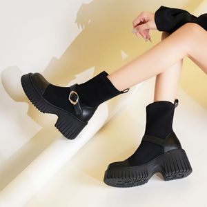 Bottines pour femmes Y91232, bout rond, talon épais, plateforme, boucle, antidérapantes, noires, bottes tendance, 5CM 8CM - Product Image 2