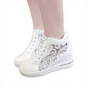 Women's High Top Lace-Up Inner <b>Height</b> <b>Increase</b> Walking <b>Shoes</b> Thick Sole Breathable Lightweight White Sneakers with Hollowed Lace - Product Image 3