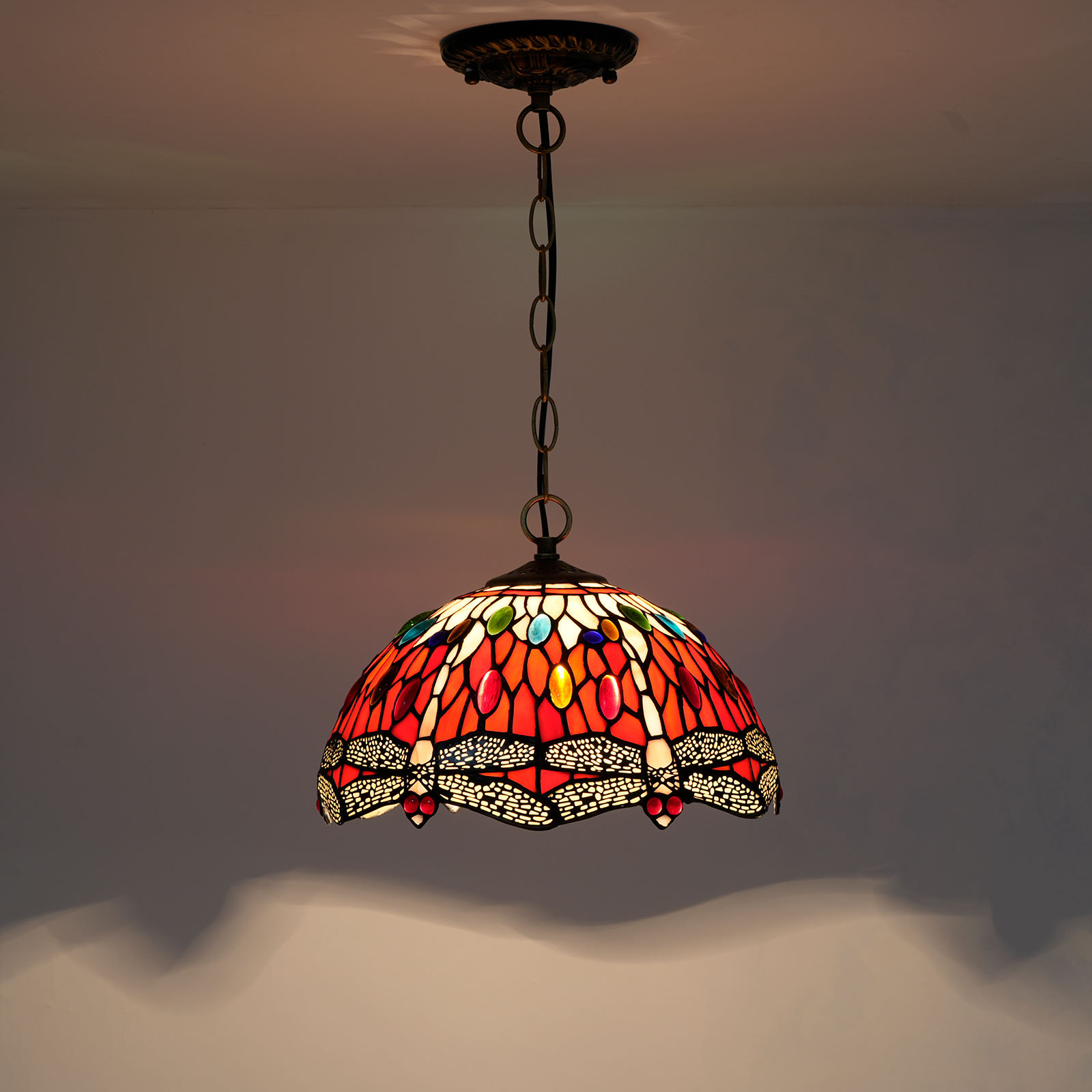 Red Dragonfly Tiffany Pendant Light Vintage Stained Glass Chandeliers  Victorian Style Hanging Lamp for Living Room Dining Room, image size:1600x1600