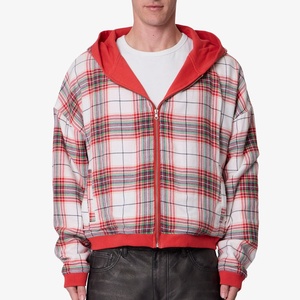 Sudadera con capucha para hombre, roja a cuadros, con cremallera completa, nueva colección 2026, estilo oversize, corta, con bolsillo frontal, vintage, streetwear, OEM, personalizada - Product Image 2