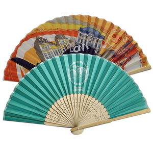 Abanico con asa de bambú barato y superventas, abanico de mano de tela de bambú con estampado de seda blanca personalizado para <span class=keywords><strong>novia</strong></span>, fiesta de boda - Product Image 1