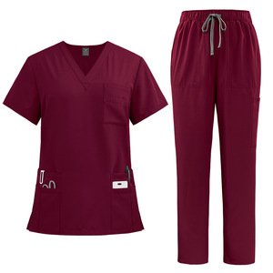 Conjunto de Uniformes Médicos Unisex Color Morado que Absorben la Humedad |   Top de Manga Corta con Cuello <span class=keywords><strong>en</strong></span> V y Pantalones con Cordón Ajustable, 94% Poliéster, 6% Elastano |   OEM - Product Image 2