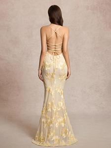 Abito da festa elegante da donna senza maniche, senza schienale, <span class=keywords><strong>con</strong></span> <span class=keywords><strong>spalline</strong></span> <span class=keywords><strong>incrociate</strong></span> regolabili, stampa floreale ricamata in 3D e orlo a coda di pesce - Product Image 2