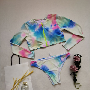 Ensemble de maillot de bain anti-UV à manches longues tie-dye pour <span class=keywords><strong>femme</strong></span> avec haut court zippé, protection UV, pour le <span class=keywords><strong>surf</strong></span>, personnalisable OEM, vente en gros, pour la plage - Product Image 4