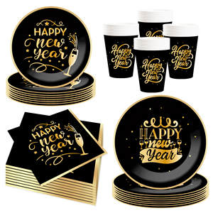 DAMAI New Years Eve Party Supplies Happy New Year Tableware Set <b>Disposable</b> Paper Plates Paper Cup Napkins and Wooden Cutlery - Product Image 3