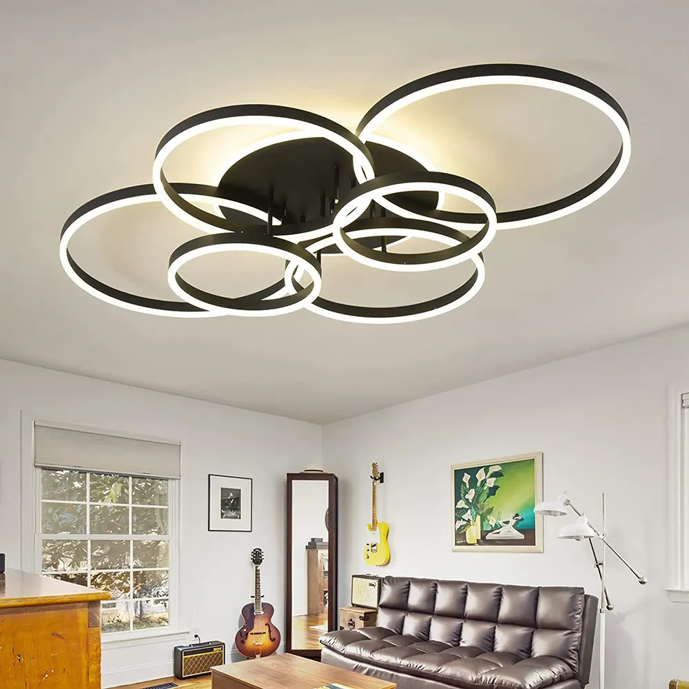 Dimmable 130w Ceiling Light Fixtures With Remote Control 7 Rings Flush Mount Ceiling Lamp Black Ceiling ModernChandelier