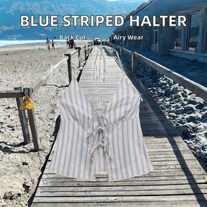 Blue Striped Breathable Woven Short Back Hollow Out Lace-Up Halter Neck Casual Summer Tank <b>Tops</b> for Women - Product Image 2
