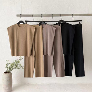 Conjunto de Verano de Punto para Mujer, Top sin Mangas con Cuello Redondo, Pantalones Anchos de Cintura Alta, Estilo Minimalista, Poliéster, Largo Completo, Tallas 30-50 - Product Image 1