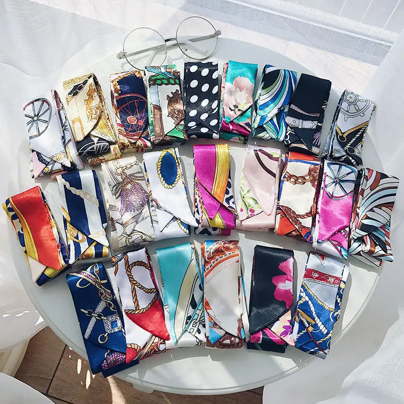 Bufanda de seda satinada con estampado de 60 colores, pañuelos estrechos, accesorios para el cabello, ASA, bolsa de sarga, personalizada de fábrica, venta al por mayor