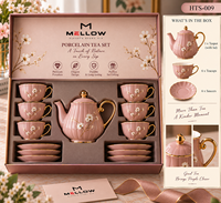Service à thé en céramique délicat de 13 pièces, motif fleurs roses, avec bordure dorée, théière en porcelaine, 6 tasses et soucoupes, OEM pour salon de thé