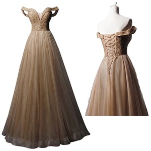 חרוזים למעלה קפה צבע בתוספת גודל קו נצנצים טול כבוי כתף המפלגה שמלות שושבינה שמלות - Product Image 1