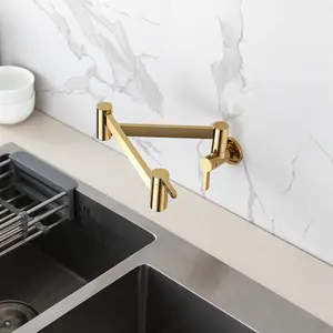 Aquacubic Dual Handles Brushed Gold Pot Filler Folding Tap Brass Kitchen Sink Faucet