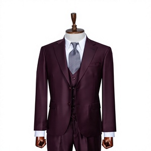 Traje de Negocios para Hombre en Lana Borgoña, Corte Regular, Estilo Británico, Cuello de Solapa, Antiencogimiento, Frente Plano - Product Image 1