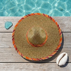 Accessoires de spectacle de danse : Chapeaux mexicains en herbe pour adultes et enfants, pour fête d'Halloween, chapeaux colorés à bords roulés et boules blanches - Product Image 1