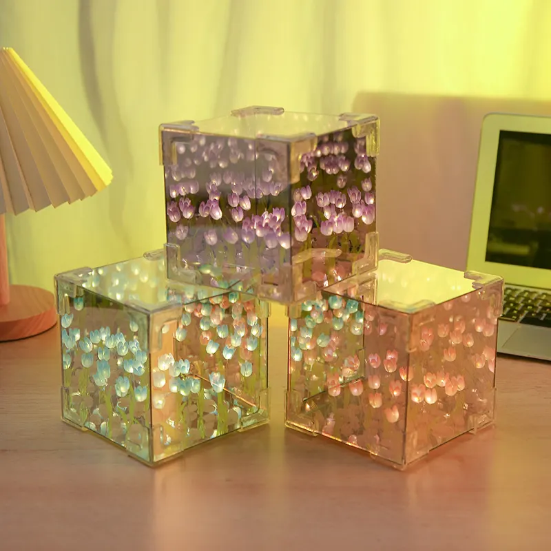 Veilleuse LED 3D Simulation Fleur Chambre à coucher Lampe de table Maison Miroir Décoration Nuage Décor Tulipe Miroir