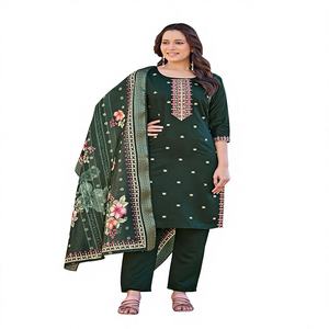 ชุดคุर्ติผ้าไหมกัฐวัลปักลายและประดับเลื่อมสำหรับผู้หญิง ดีไซน์ทันสมัย พร้อมกางเกงผ้ามัสลินทอ ผ้าคลุมศีรษะสำหรับงานปาร์ตี้ มีสินค้าพร้อมส่ง - Product Image 1