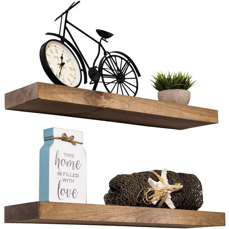 Pine Wood Shelf, Floating Shelves Rustic Wood Wall Shelf Black | Set of 2 (Black, 24" x 5.5")