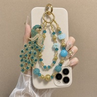 Lujoso Colgante de Pavo Real Teal con Cuentas, Cristales y Diamantes de Imitación, Llavero Dorado, Colgante para Teléfono, Joyería Hecha a Mano al por Mayor