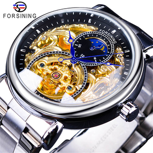 FORSINING S1125 <span class=keywords><strong>Orologio</strong></span> Scheletrato Bianco Dorato con Lancette Blu, <span class=keywords><strong>Orologio</strong></span> Meccanico da <span class=keywords><strong>Uomo</strong></span> in <span class=keywords><strong>Acciaio</strong></span> Inossidabile, Design Impermeabile - Product Image 1