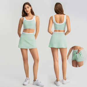 Tennisset 2-in-1 geribbeld vest en high-waisted rok set dames sportkleding modieus ademend yoga sportkleding - Product Image 3