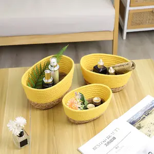 Wholesale Large Foldable Kids Natural Woven Straw Baby Cloth Toy Cotton Rope Storage Basket Rattan Storage Baskets