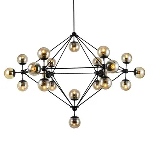 Pendant Lamp Square Shape Light Metal Amber Glass Large Chandelier In Black Popular Modern Pendant Lamp For Living Room