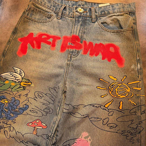 Medium Wash long baggy jeans Straight Casual Trendy men denim jeans vintage style DTG Direct Spray Painting demin jeans <b>for</b> men - Product Image 3