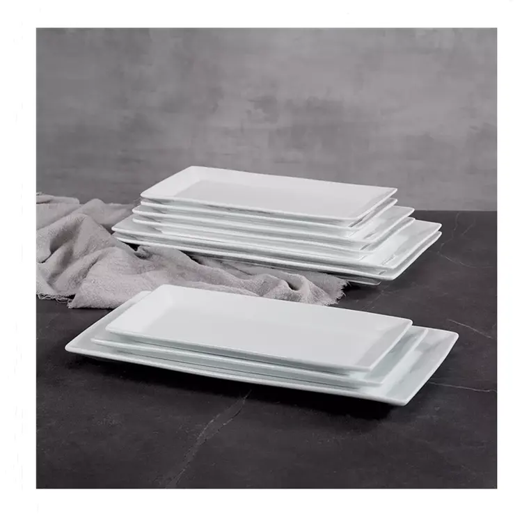 Plato de postre Rectangular y largo de porcelana, plato de cena Rectangular de cerámica, color blanco liso, para restaurante y Hotel