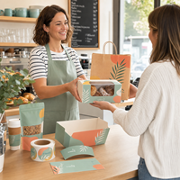Kit d'emballage alimentaire personnalisé avec boîte à pâtisserie, sac en papier, pochette autoportante, manchon pour gobelet, autocollants et carte de menu