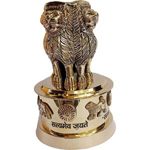 PARIJAT HANDICRAFT Estatua de latón Ashoka Stambh Pilar Cuatro Leones Satyamev Jayete Escritorio adornado Peso de papel Escultura nacional - Product Image 2