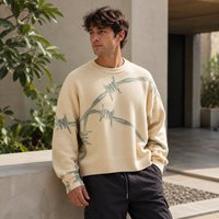 Pull en maille jacquard vintage vieilli pour homme, motif fil barbelé, coupe ample oversize, streetwear, col rond, unisexe