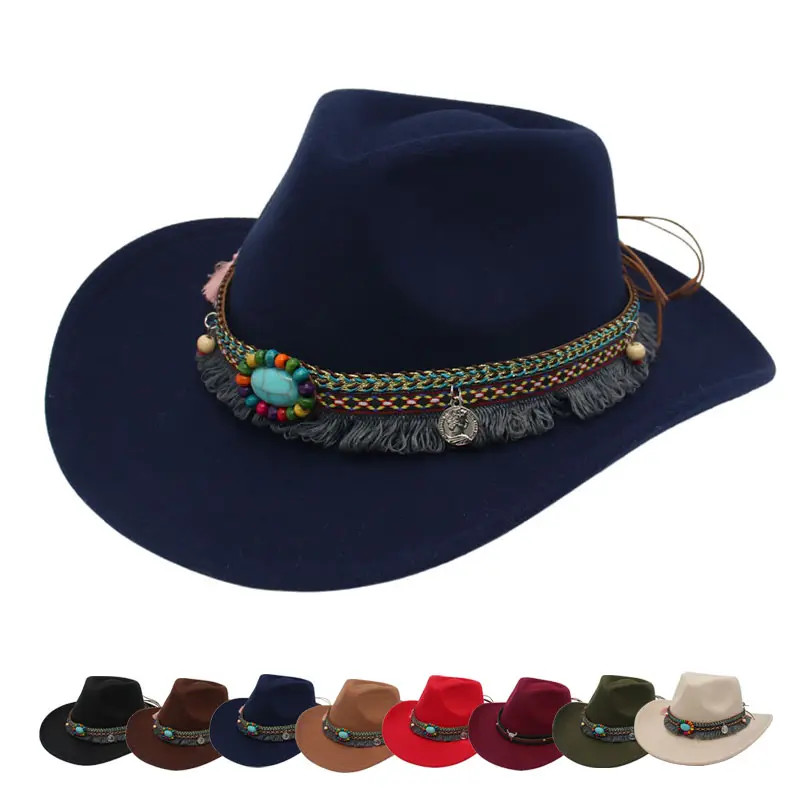 Moda 3D Bordado Brim Classy Western Cowboy Caps Logotipo personalizado Aba larga Algodão Panamá Jazz Feltro Fedora Chapéus