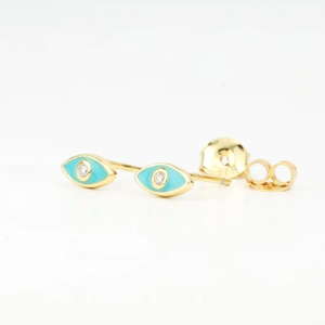 Boucles d'oreilles minimalistes en émail œil porte-bonheur, or massif 14 carats, faites à la main, bijoux de protection, usage quotidien, bijoux fins pour femmes - Product Image 4