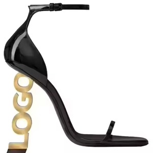 2026 Summer Sexy Black Luxury Designer Classic Logo Leather Women's High <b>Heels</b> Letter Sandals Peep Fashion Toe High <b>Heel</b> Shoes - Product Image 1