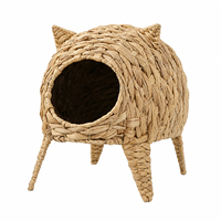 Lit pour chat en jacinthe d'eau tressée, écologique, couleur naturelle, en forme de chaton, avec coussin amovible en coton PP, pour petits animaux domestiques