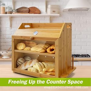 Bamboo Bread Storage Box 15.7in Double Layer Solid Wood Kitchen Bread <b>Bin</b> With Humidity Gauge For Home Use - Product Image 3