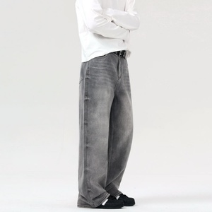 กางเกงยีนส์ทรงตรงเอวกลางสไตล์ลำลองสีเทาแบบหลวมพิมพ์ลายเรียบสไตล์วินเทจสำหรับผู้ชาย  รับสกรีนโลโก้  คอลเลคชั่นฤดูใบไม้ร่วง-ฤดูหนาว - Product Image 5